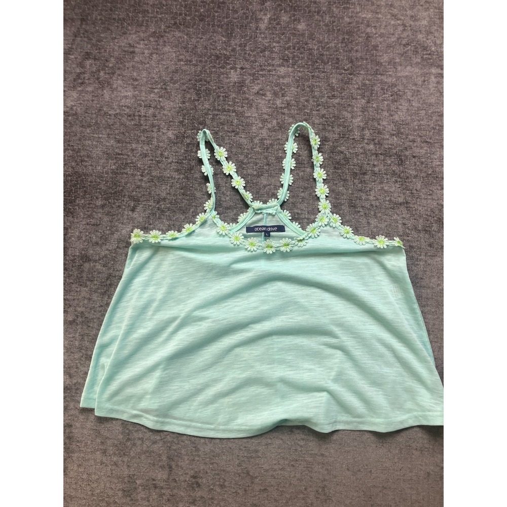 Ocean Drive Cropped Tank Top Womens Large Blue Daisy‎ Floral Crochet Lace Trim